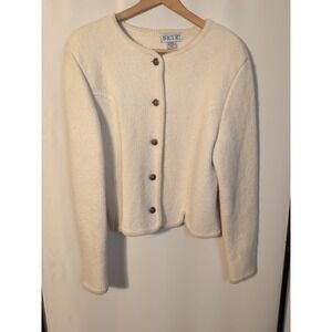 Vtg. SKYR Women's Wool Ivory Cardigan Sweater Decorative Buttons 10 Preppy
